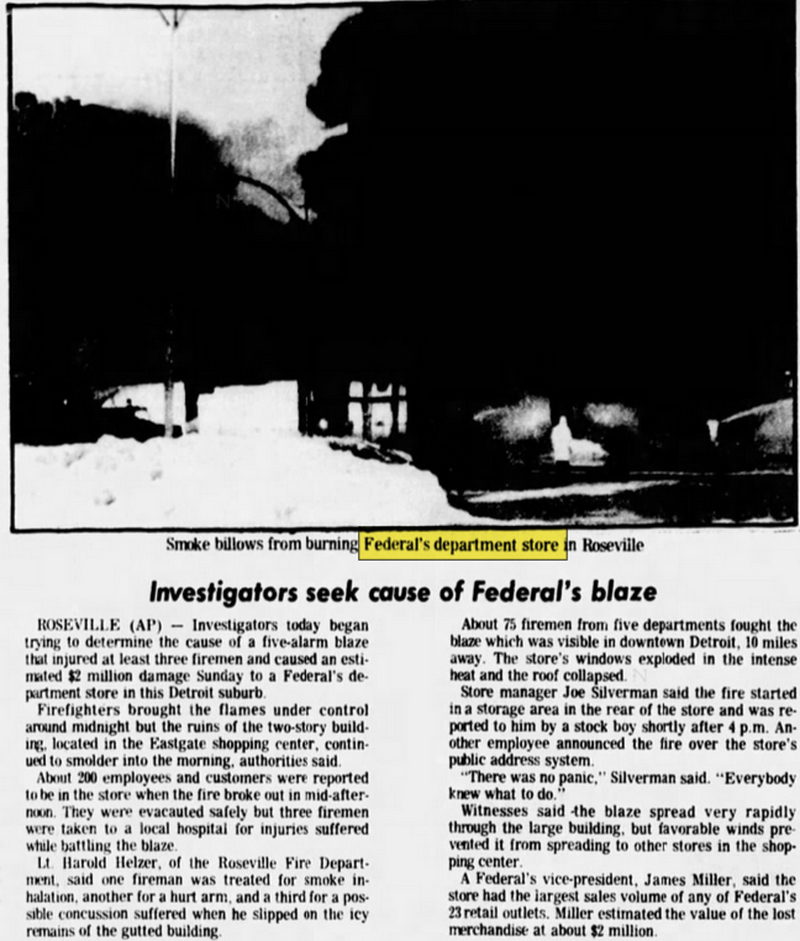 Federals (Federal Department Store) - Feb 13 1978 Eastgate Store Burns (newer photo)